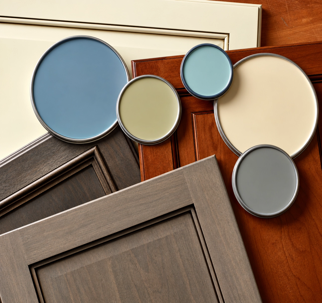 Painted and stained cabinet doors with paint can lids
