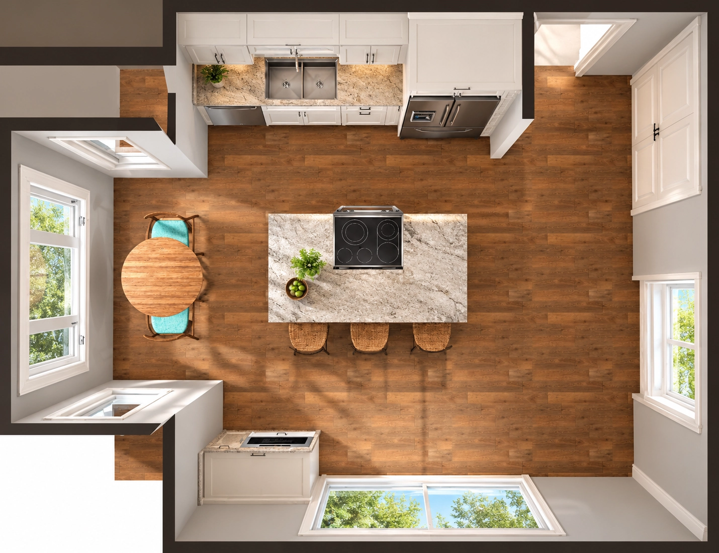 3D kitchen layout designed by the Bella Kitchen Cabinetry team