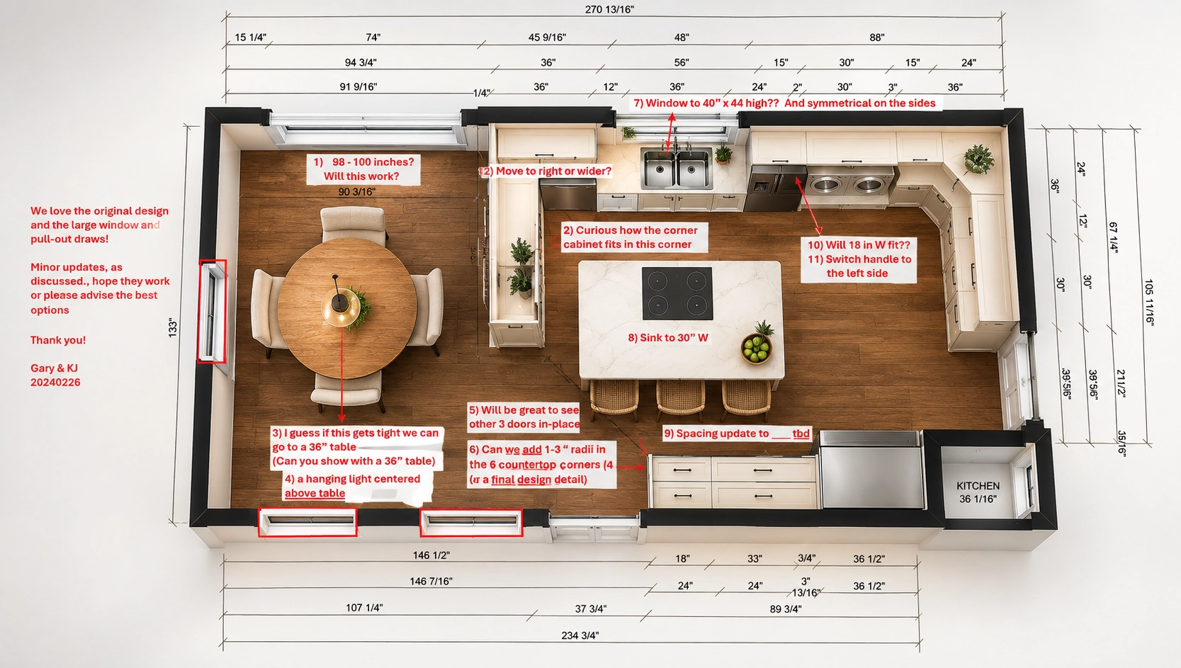 Kitchen floor plan with cabinet elevations drawn by Bella designers