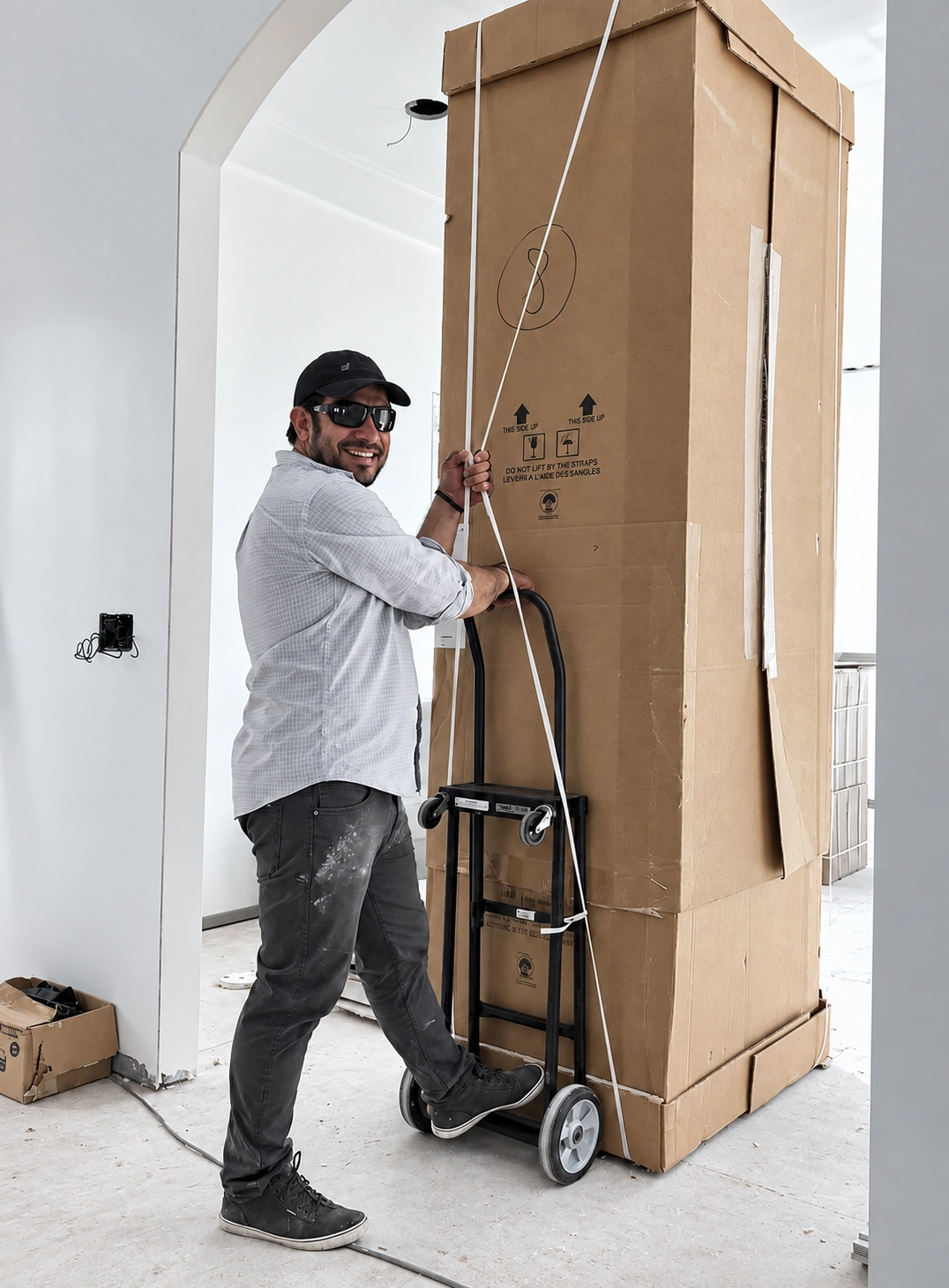 Delivering a tall cabinet to a home under renovation