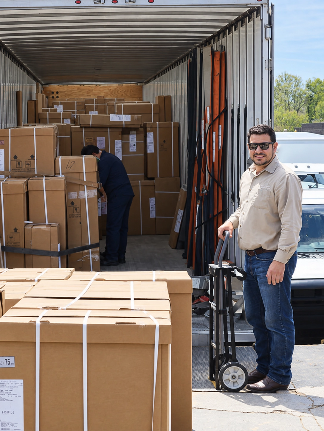 Our founder unloading a truck full of cabinet boxes