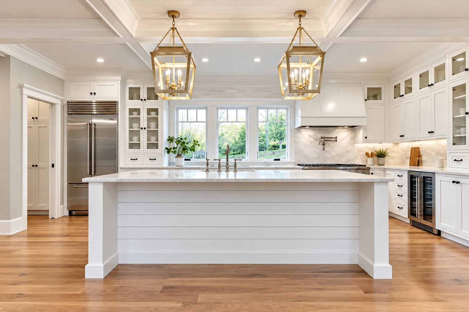 White shaker kitchen with shiplap island and lantern pendants in Cohasset, MA