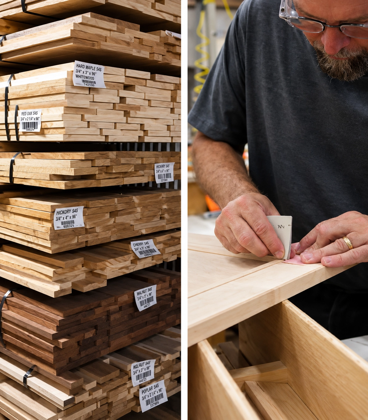 Plywood sheets and a craftsman working on a cabinet box