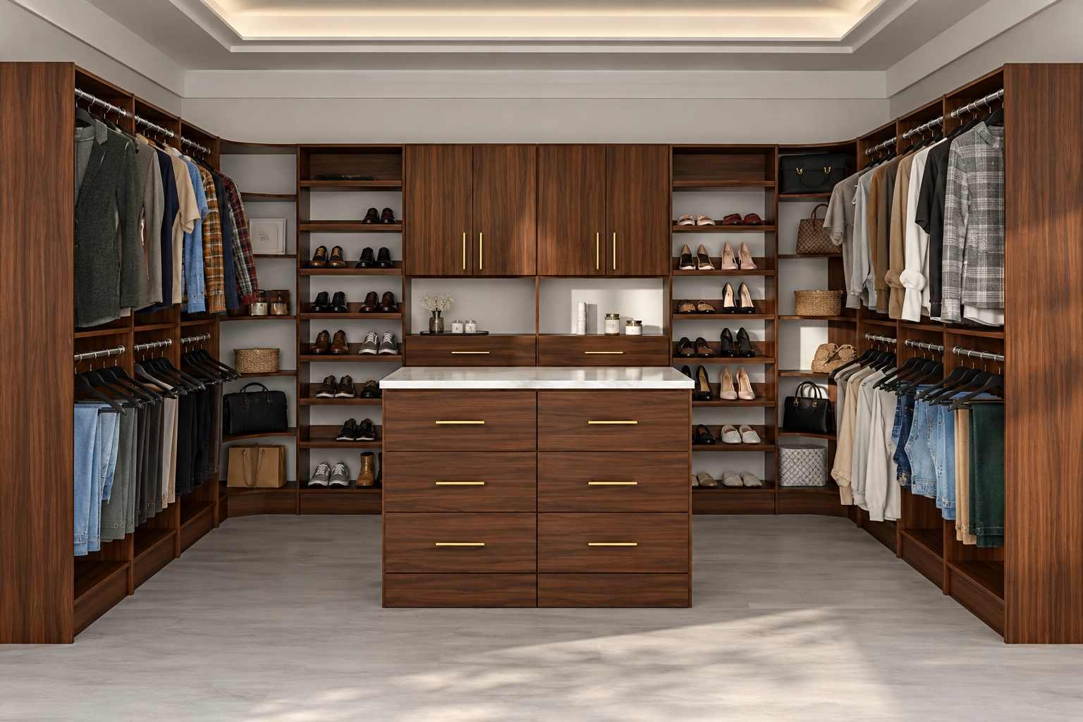Walk-in closet with walnut cabinets, drawers and shoe shelves