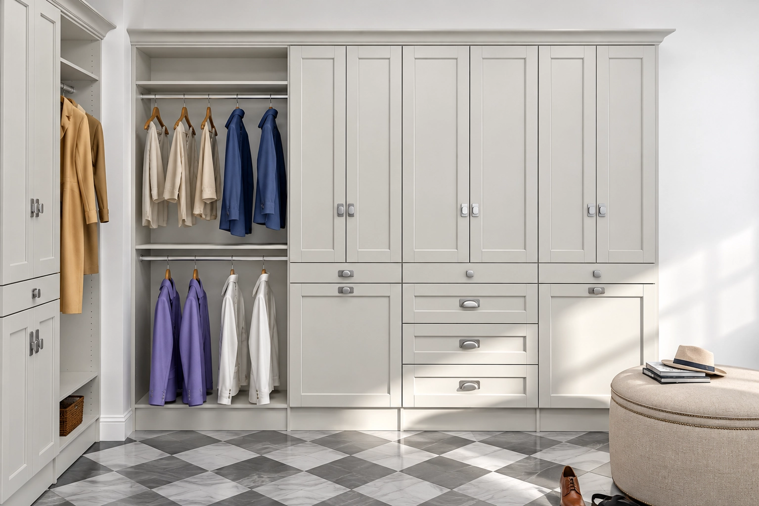 Grey shaker wardrobe wall with doors and drawers