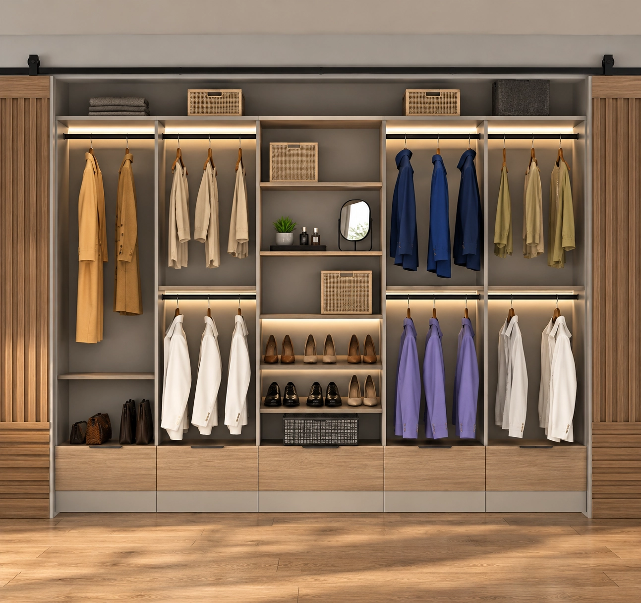 Reach-in closet with oak drawers and lighted hanging rods