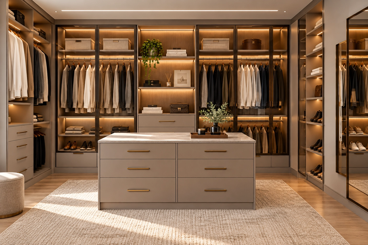 Walnut walk-in closet with a center island of drawers