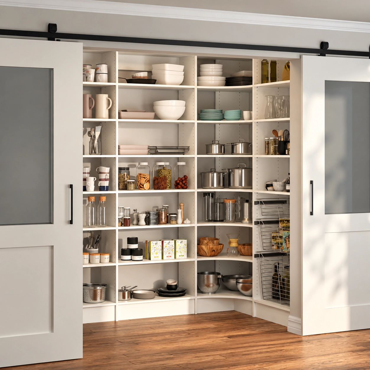 White corner pantry with open shelves and wire baskets