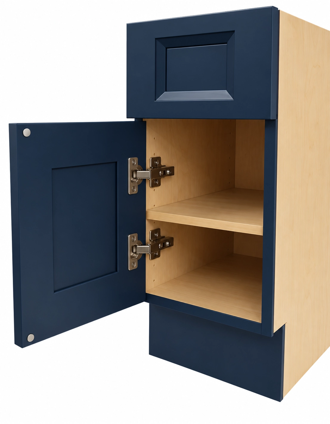 Blue North Cabinetry base cabinet with the door open