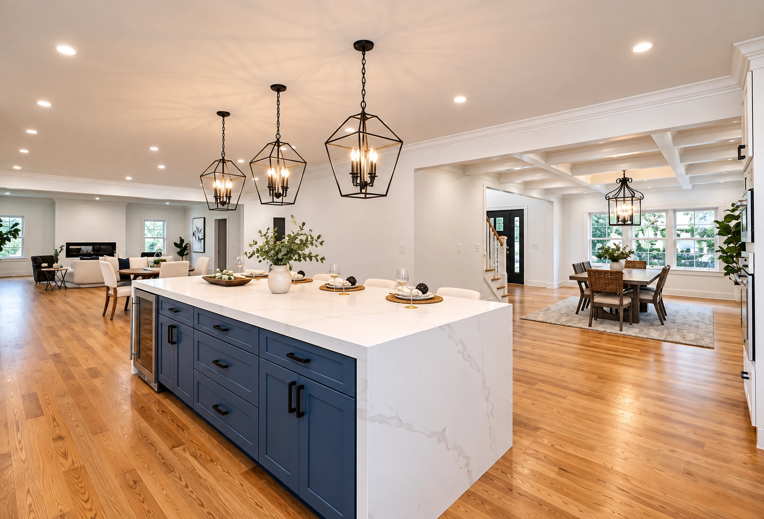 Professionally installed kitchen with navy island