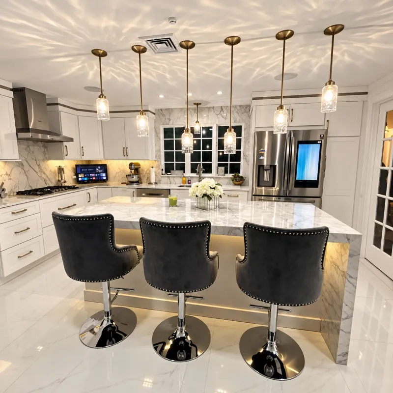 White kitchen with velvet island seating