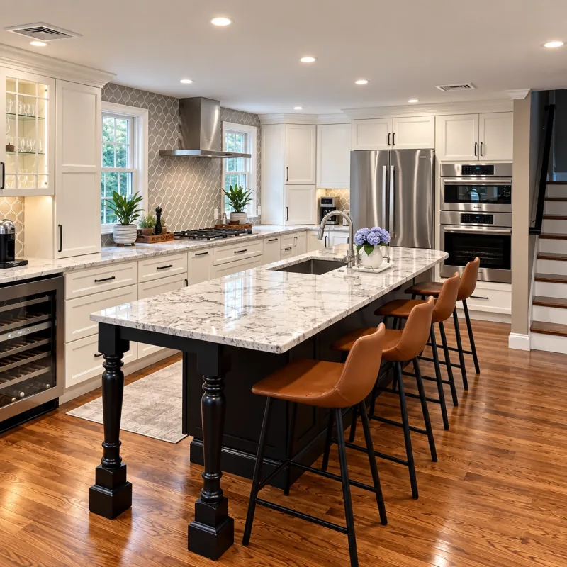 Long black island with leather stools