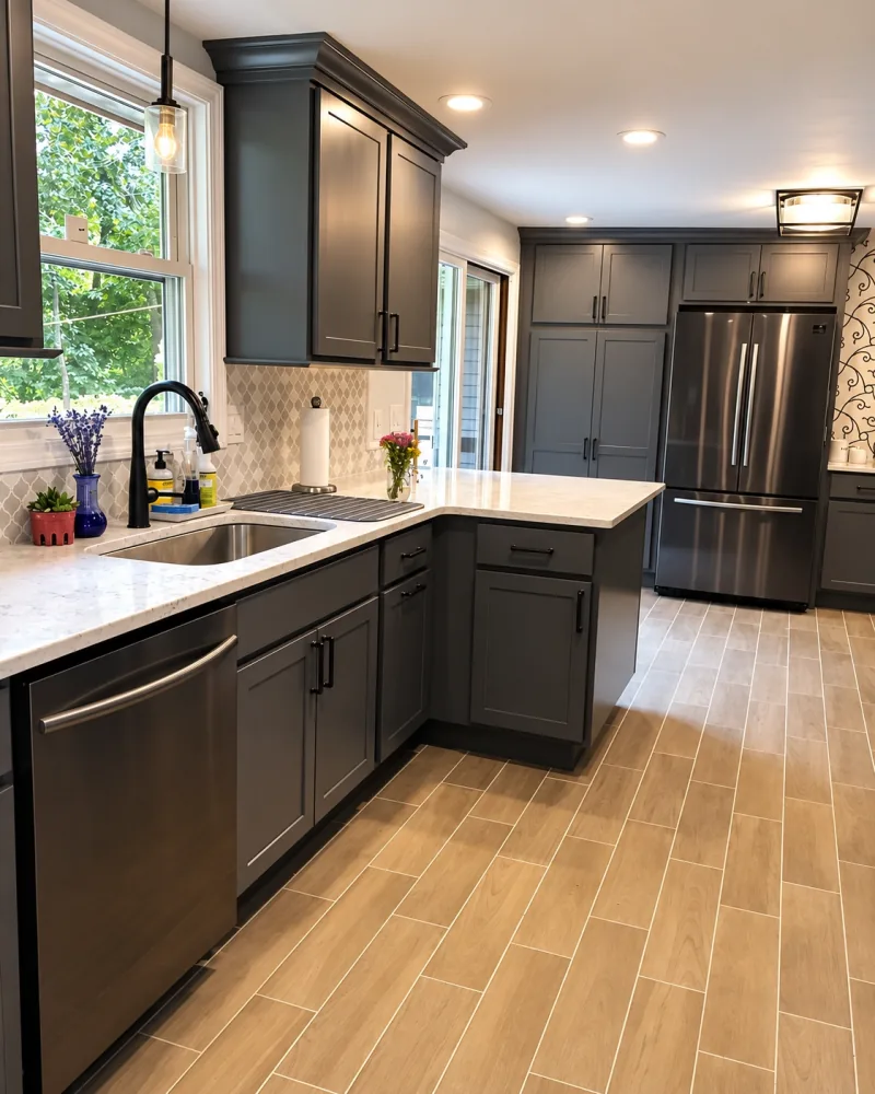 Charcoal kitchen with window over the sink