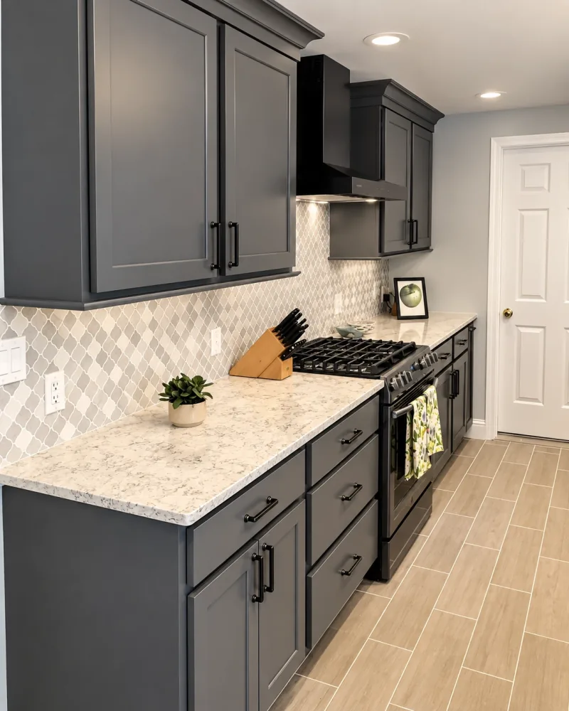 Gray galley kitchen with black hood