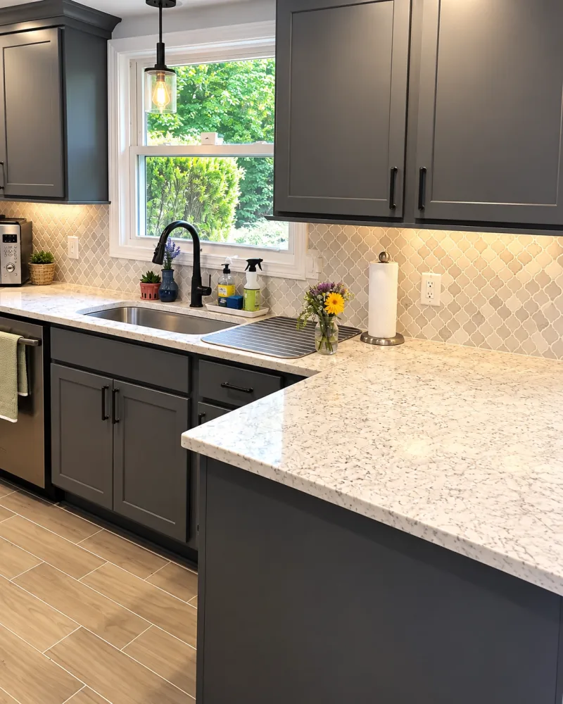 Charcoal cabinets with granite counters