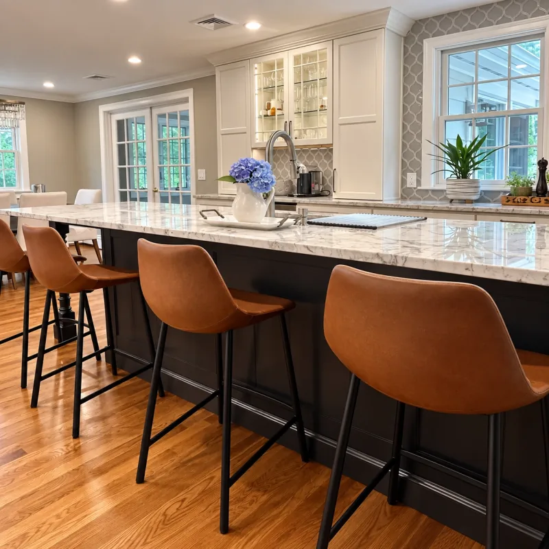 Espresso island with leather stools