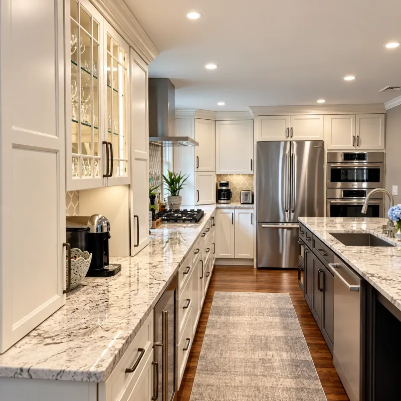 Galley kitchen with white cabinets