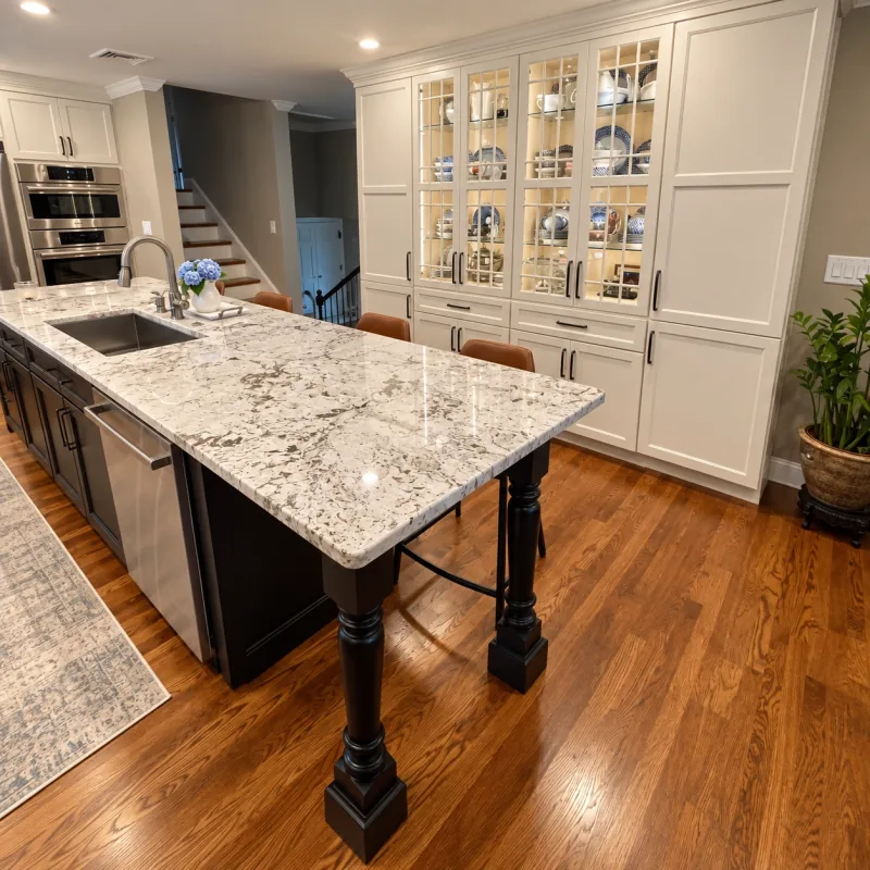 Granite island and glass-front china cabinets
