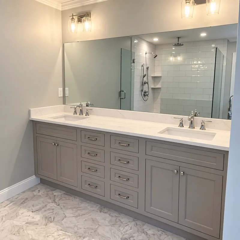 Gray double vanity with marble top