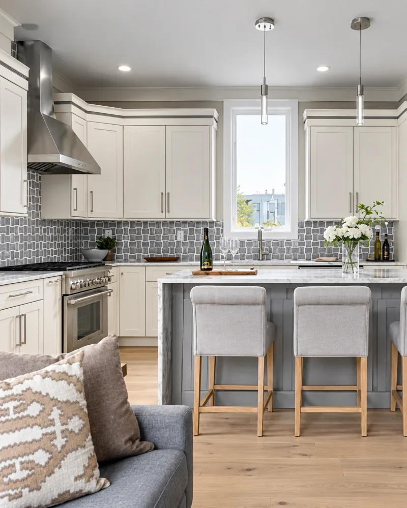 Open kitchen with gray island seating