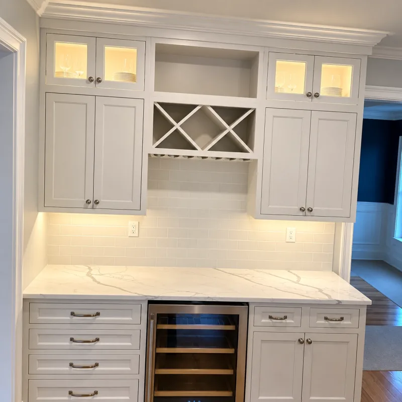 Gray wet bar with wine rack and cooler