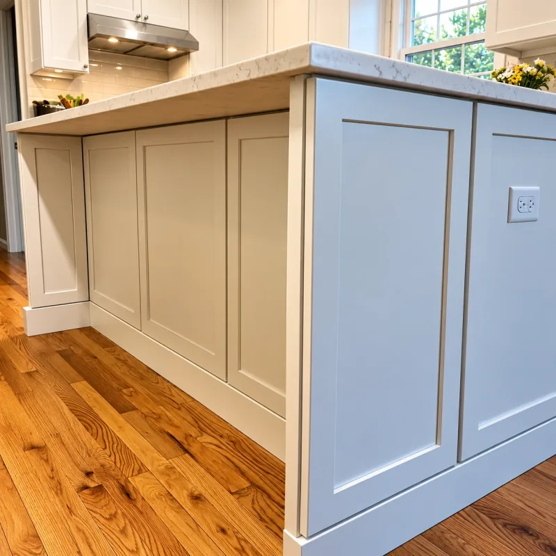 Paneled island back in soft gray