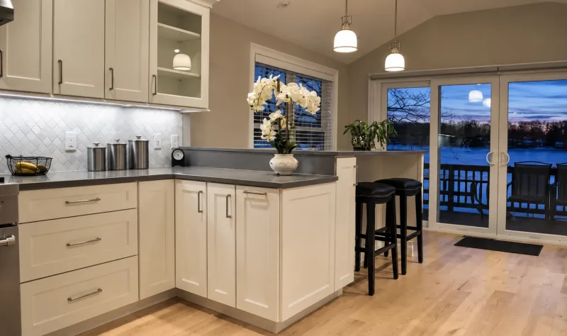 Lakeside kitchen at sunset