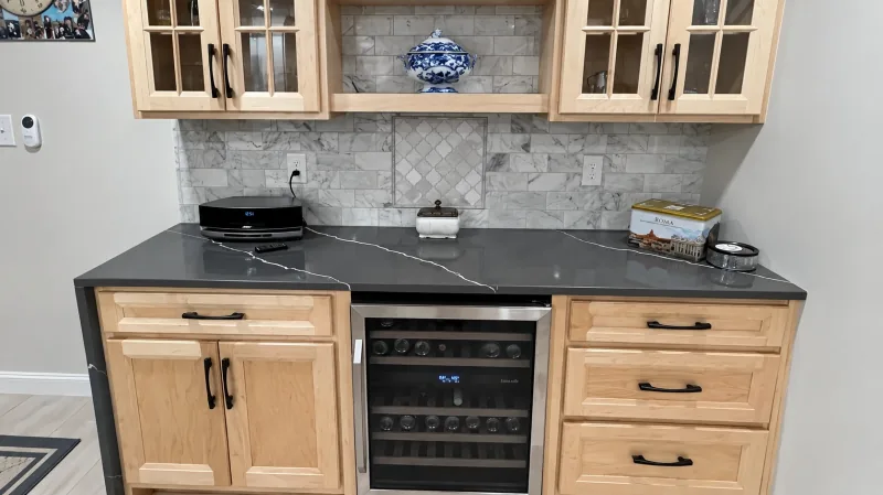 Maple cabinets and wine cooler