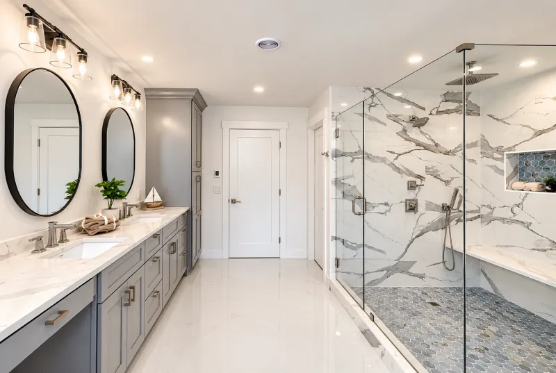 Marble bathroom with double vanity