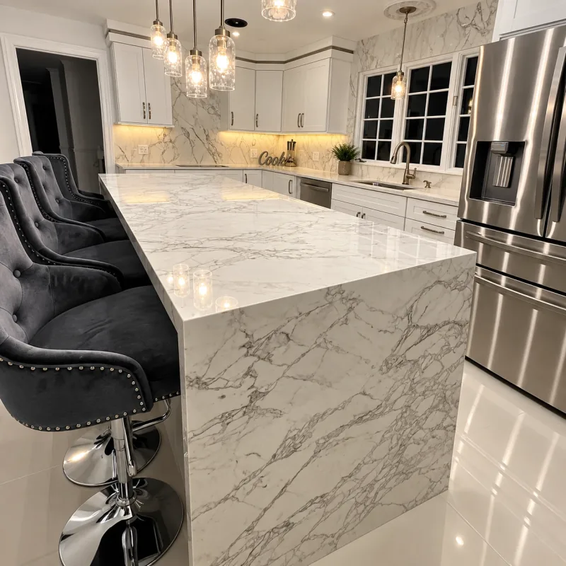 Marble waterfall island with velvet stools