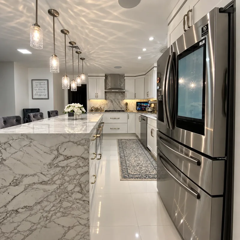 Marble waterfall island and glass pendants