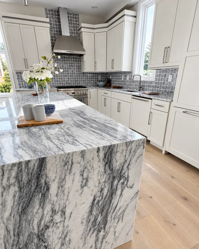 Veined marble waterfall island