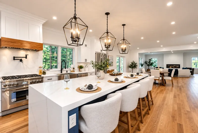 Open kitchen with navy island