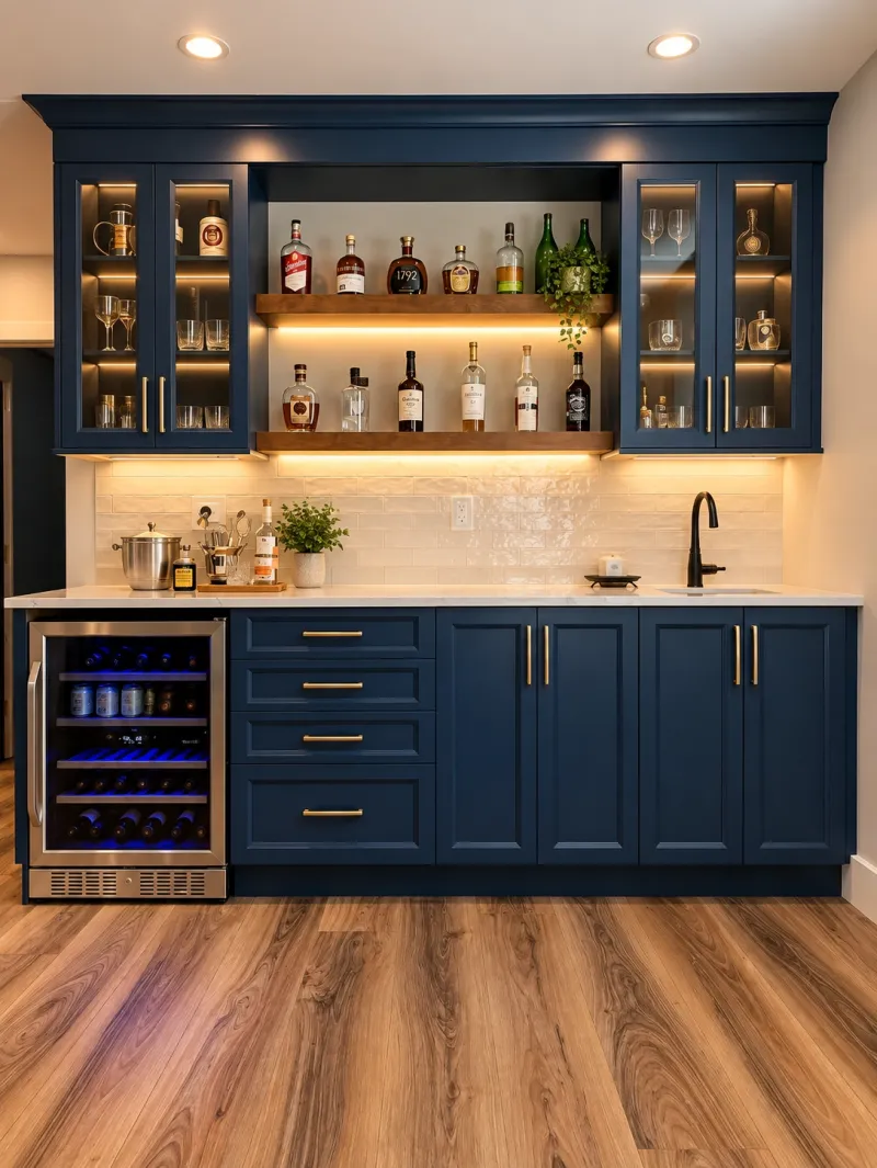 Navy wet bar with glass cabinets