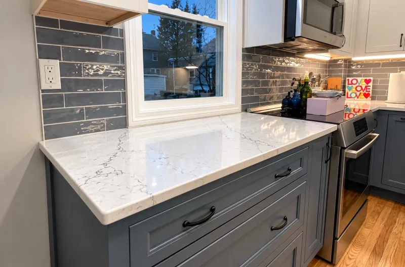 Slate blue cabinets with quartz counters