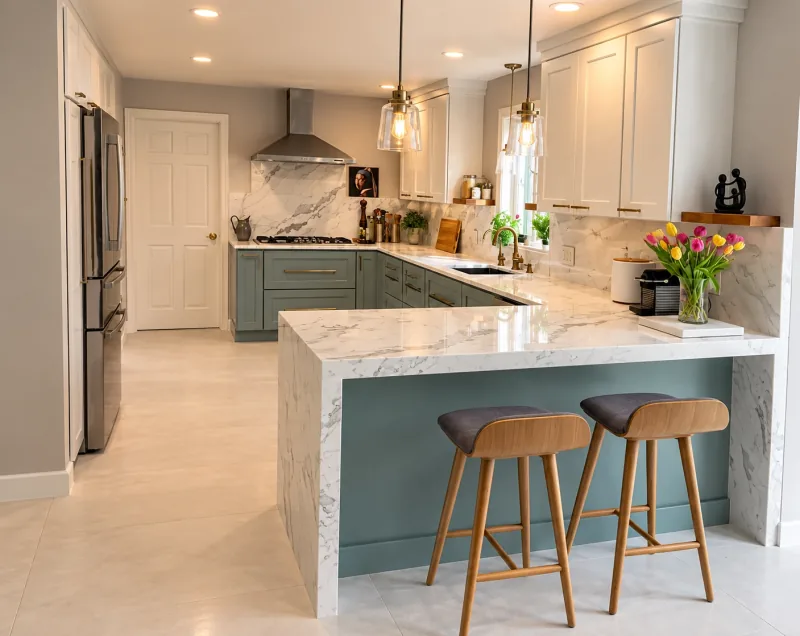 Teal peninsula with marble waterfall