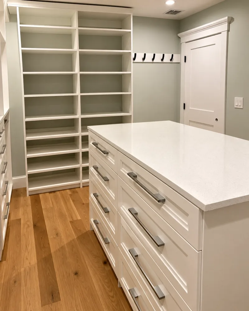 Closet island against sage green walls