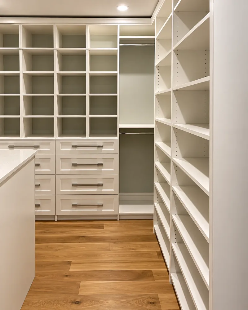 Closet with cubbies and drawer island