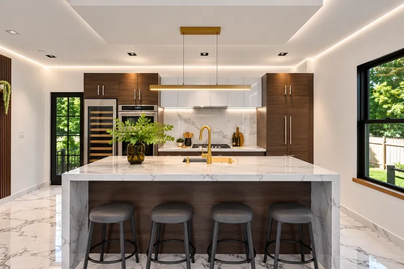 Marble waterfall island with gold linear pendant