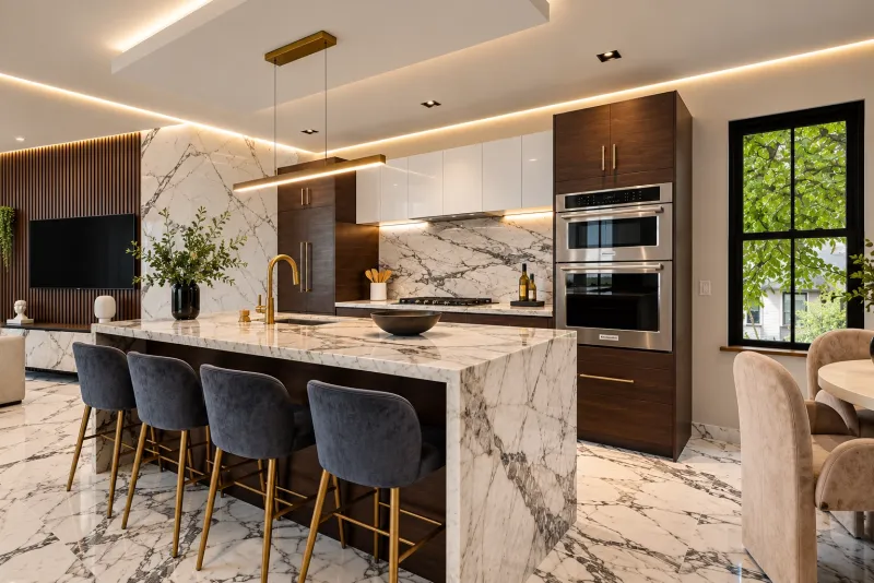 Marble slab backsplash and walnut tall cabinets