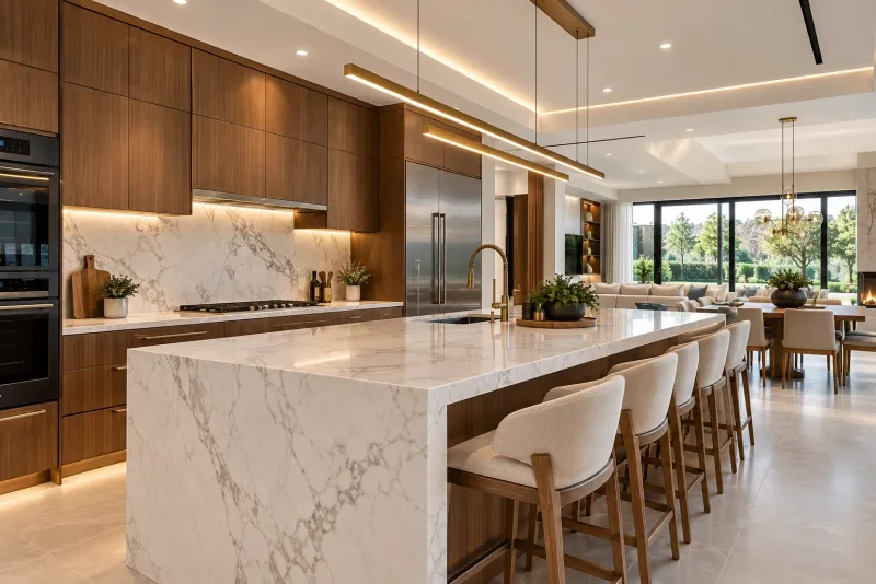 Walnut kitchen open to the living room