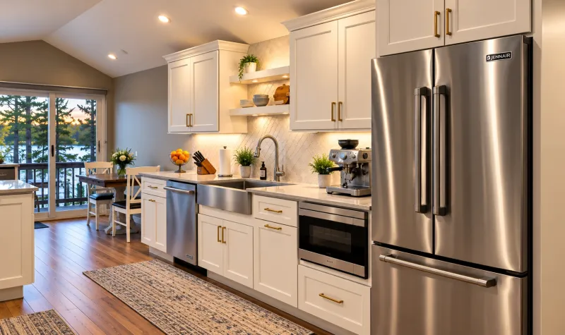 White cabinets with brass pulls and quartz counters