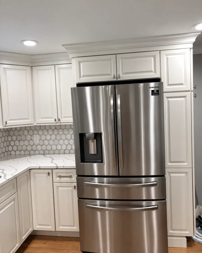 French-door fridge framed by white cabinets