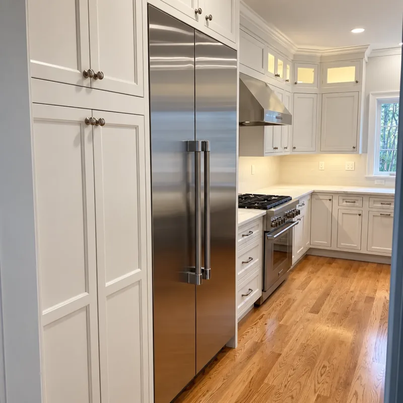 Paneled pantry beside a built-in fridge