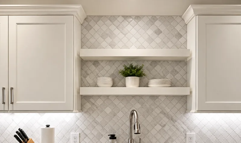 Floating shelves on a marble backsplash