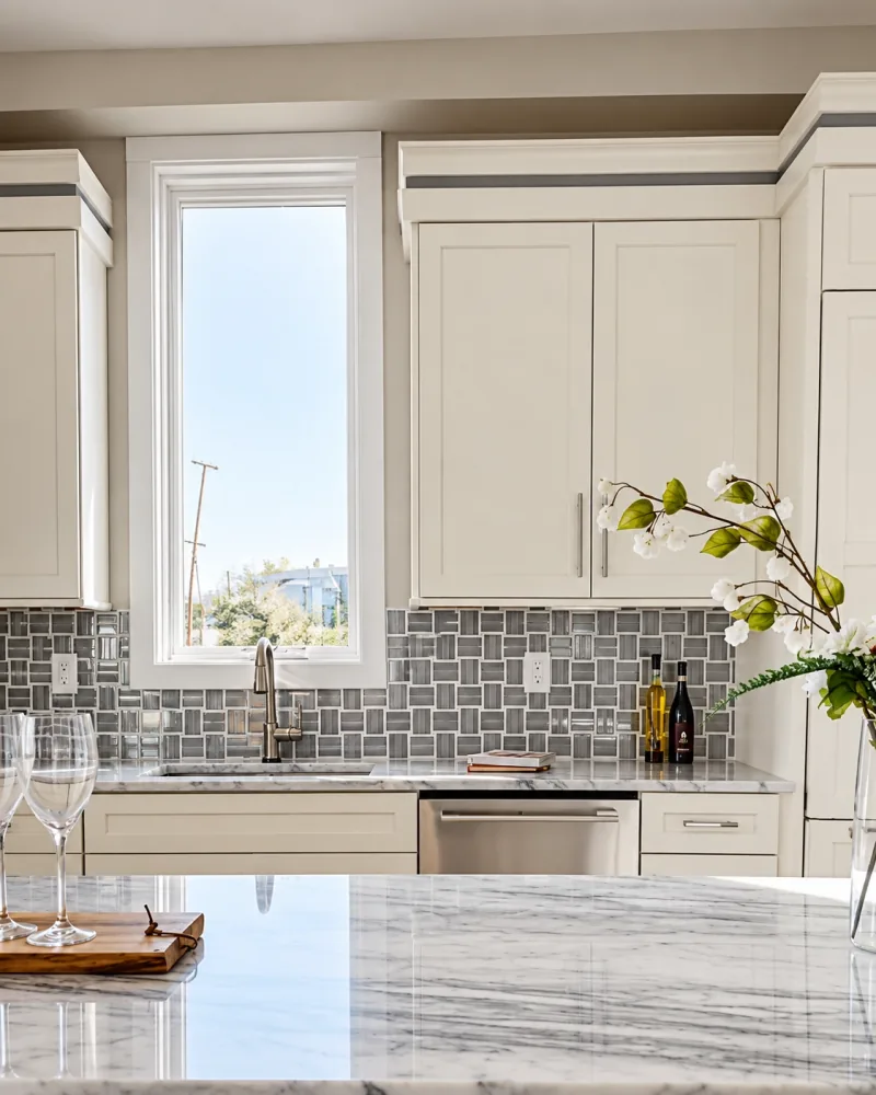 White kitchen with gray brick backsplash