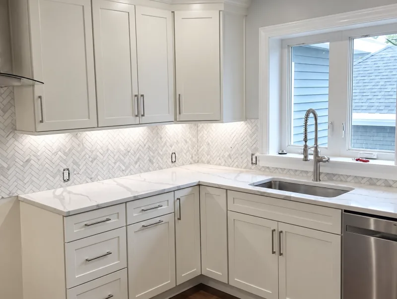 White L-shaped kitchen under the window