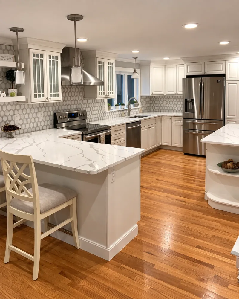 White L-shaped kitchen with peninsula