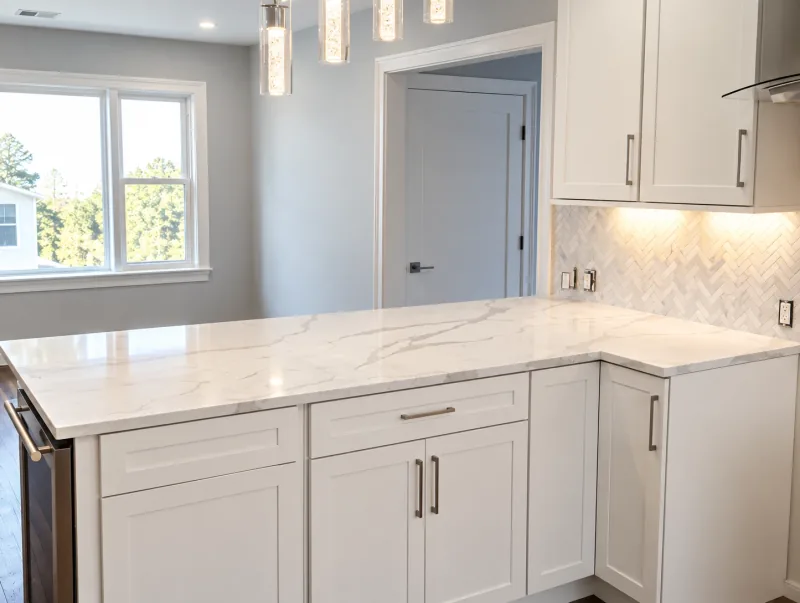 White peninsula with quartz countertop
