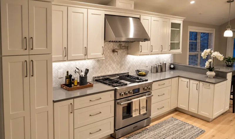 White U-shaped kitchen with pro range